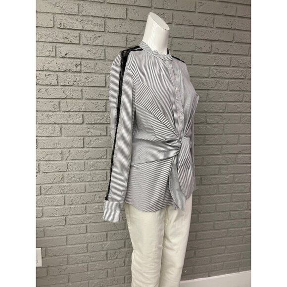 Worthington Women Black White Striped Long Sleeve Front Tie Shirt Size M - Picture 3 of 9